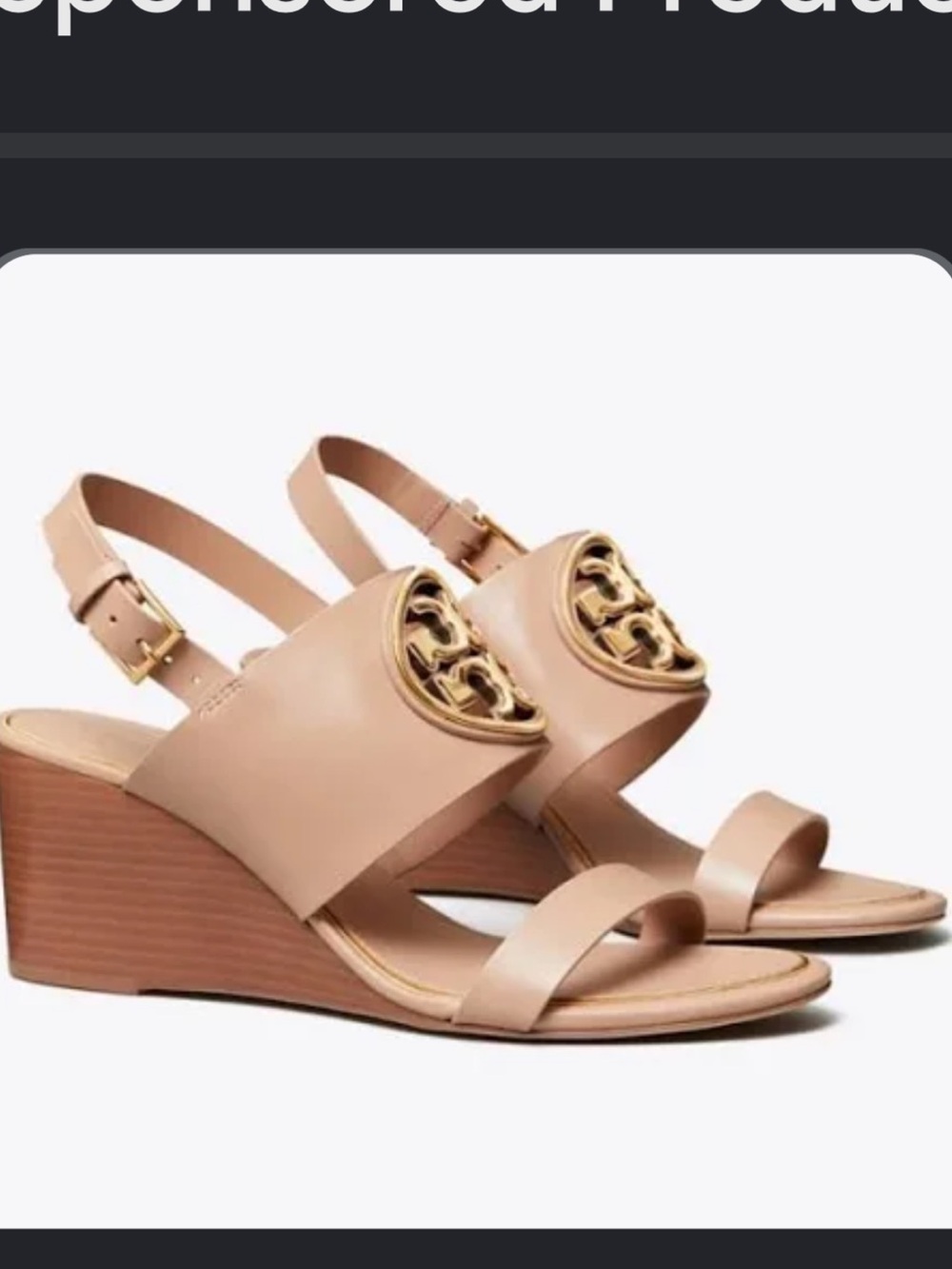 Tory Burch Nude Leather Wedge Sandals with Gold Logo